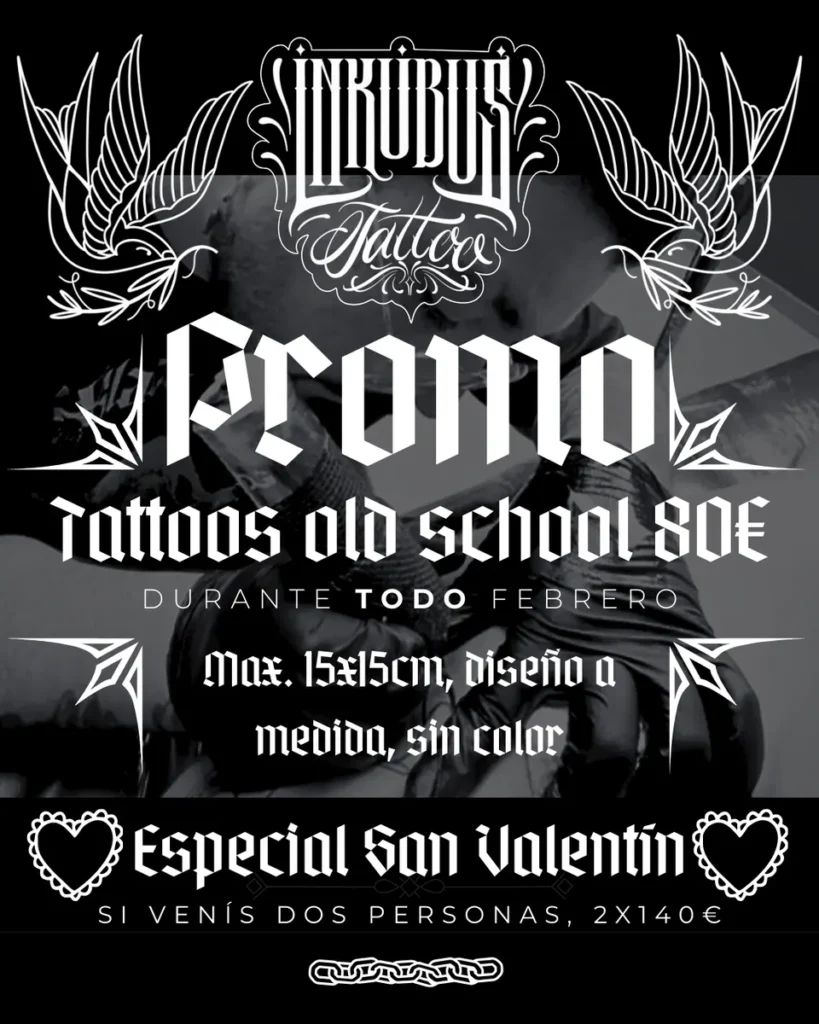 cartel de la promoción de tatuajes old school de san valentín en inkubus tattoo, estudio de tatuajes en gines, el aljarafe, sevilla
